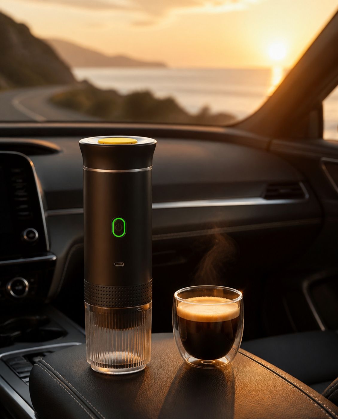 Cafetera portátil en el coche
